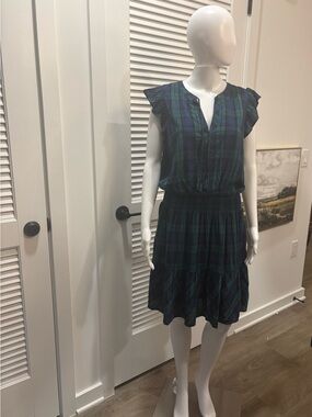 Vineyard Vines Navy and Green Plaid Ruffle Sleeve Mini Dress